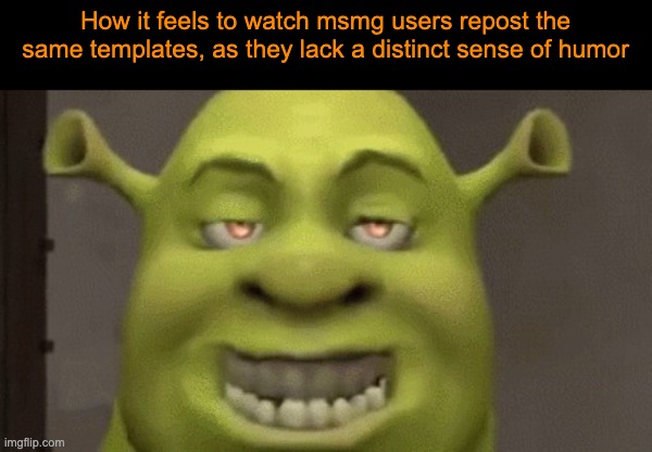 . | How it feels to watch msmg users repost the same templates, as they lack a distinct sense of humor | image tagged in shrek mhm | made w/ Imgflip meme maker