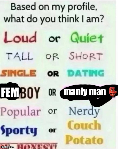 YOU CAN ALSO PICK "IN THE MIDDLE" FYI | FEM; manly man 👺 | image tagged in based on my profile what do you think i am | made w/ Imgflip meme maker