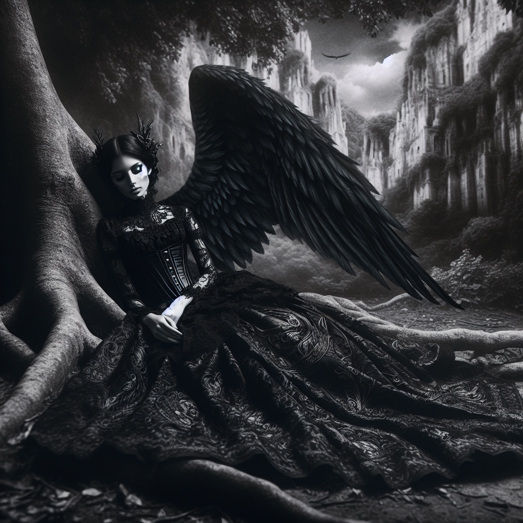 A black wing female angel laying on the ground with her head on Blank Meme Template