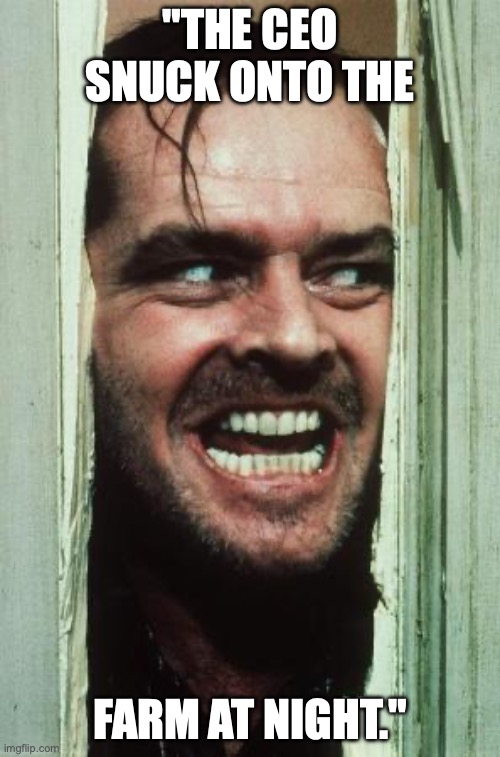Here's Johnny Meme | "THE CEO SNUCK ONTO THE; FARM AT NIGHT." | image tagged in memes,here's johnny | made w/ Imgflip meme maker