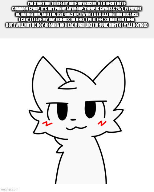 im aware this makes 0 sense | I'M STARTING TO REALLY HATE BOYKISSER. HE DOESNT HAVE COMMON SENSE, IT'S NOT FUNNY ANYMORE, THERE IS GAYNESS 24/7, EVERYONE BE HATING HIM, AND THE LIST GOES ON. I WON'T BE DELETING HIM BECAUSE I CAN"T LEAVE MY GAY FRIENDS ON HERE, I WILL FEEL SO BAD FOR THEM. BUT I WILL NOT BE BOY-KISSING ON HERE MUCH LIKE I'M SURE MOST OF Y'ALL NOTICED | made w/ Imgflip meme maker
