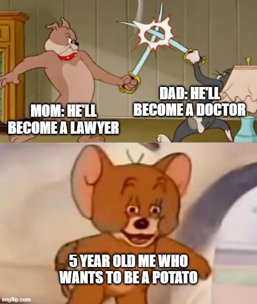 No responsibilities, no chores, no curfews, no school... you even have eyes! | DAD: HE'LL BECOME A DOCTOR; MOM: HE'LL BECOME A LAWYER; 5 YEAR OLD ME WHO WANTS TO BE A POTATO | image tagged in memes,tom and spike fighting | made w/ Imgflip meme maker