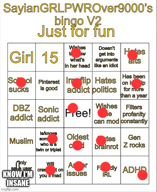 SayianGRLPWROver9000’s bingo V2 | I KNOW I'M INSANE | image tagged in sayiangrlpwrover9000 s bingo v2 | made w/ Imgflip meme maker
