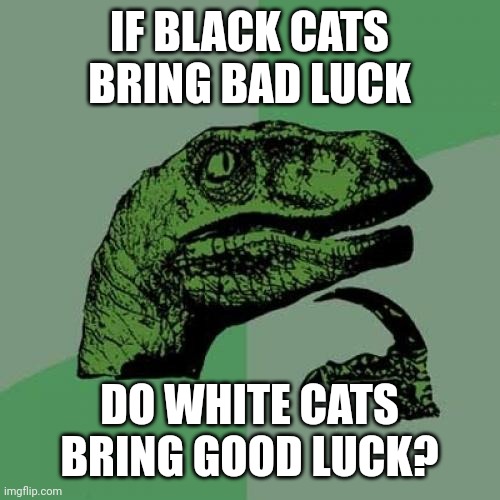 Philosoraptor on cat color | IF BLACK CATS
BRING BAD LUCK; DO WHITE CATS
BRING GOOD LUCK? | image tagged in memes,philosoraptor,black cat,white cat,good luck,bad luck | made w/ Imgflip meme maker