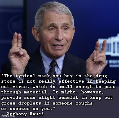 Anthony Fauci | "The typical mask you buy in the drug
store is not really effective in keeping
out virus, which is small enough to pass
through material. It | image tagged in anthony fauci | made w/ Imgflip meme maker