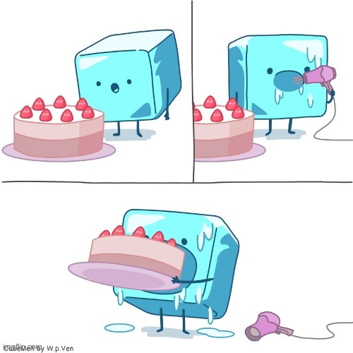 image tagged in ice cube,cake,mouth,hairdryer,melt,eat | made w/ Imgflip meme maker