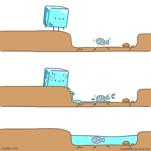image tagged in ice cube,melting,fish,water | made w/ Imgflip meme maker