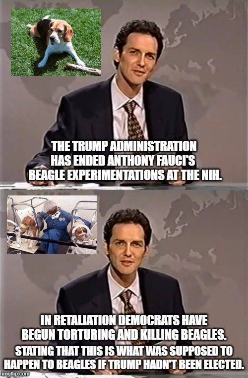 I wonder how Democrats are going to try to oppose this policy?  They are ridiculous with they're childish behavior over Trump. | THE TRUMP ADMINISTRATION HAS ENDED ANTHONY FAUCI'S 
 BEAGLE EXPERIMENTATIONS AT THE NIH. IN RETALIATION DEMOCRATS HAVE BEGUN TORTURING AND KILLING BEAGLES. STATING THAT THIS IS WHAT WAS SUPPOSED TO HAPPEN TO BEAGLES IF TRUMP HADN'T BEEN ELECTED. | image tagged in trump says sky is blue dems deny it,dems are 2 year olds | made w/ Imgflip meme maker