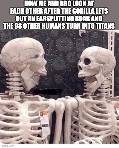 "OH MY GOD WE'RE DOOMED" - Dr. Kleiner | HOW ME AND BRO LOOK AT EACH OTHER AFTER THE GORILLA LETS OUT AN EARSPLITTING ROAR AND THE 98 OTHER HUMANS TURN INTO TITANS | image tagged in instant death from looking at each other,100 men vs 1 gorilla,attack on titan | made w/ Imgflip meme maker