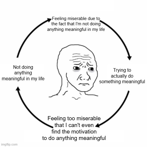 How did I even reach this point in my life? | Feeling miserable due to the fact that I'm not doing anything meaningful in my life; Trying to actually do something meaningful; Not doing anything meaningful in my life; Feeling too miserable that I can't even find the motivation to do anything meaningful | image tagged in sad wojak cycle | made w/ Imgflip meme maker