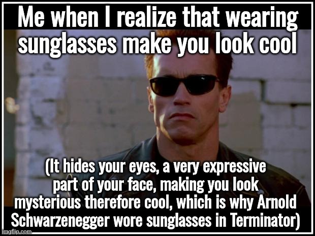 arnold schwarzenegger terminator | Me when I realize that wearing
sunglasses make you look cool; (It hides your eyes, a very expressive part of your face, making you look mysterious therefore cool, which is why Arnold Schwarzenegger wore sunglasses in Terminator) | image tagged in arnold schwarzenegger terminator | made w/ Imgflip meme maker