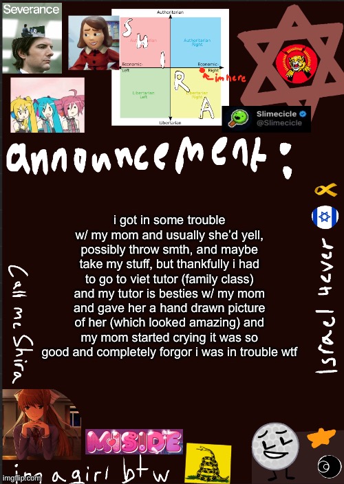 shes normal now??? wtf do i do | i got in some trouble w/ my mom and usually she’d yell, possibly throw smth, and maybe take my stuff, but thankfully i had to go to viet tutor (family class) and my tutor is besties w/ my mom and gave her a hand drawn picture of her (which looked amazing) and my mom started crying it was so good and completely forgor i was in trouble wtf | image tagged in shira s cool new temp | made w/ Imgflip meme maker