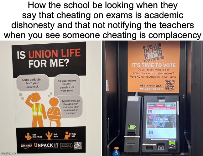 Anyone else hate the word “academic dishonesty”? | How the school be looking when they say that cheating on exams is academic dishonesty and that not notifying the teachers when you see someone cheating is complacency | made w/ Imgflip meme maker