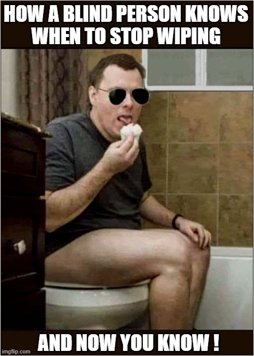 In Case You Were Wondering ... | HOW A BLIND PERSON KNOWS
WHEN TO STOP WIPING; AND NOW YOU KNOW ! | image tagged in blind man,toilet,wiping,technique,dark humour | made w/ Imgflip meme maker
