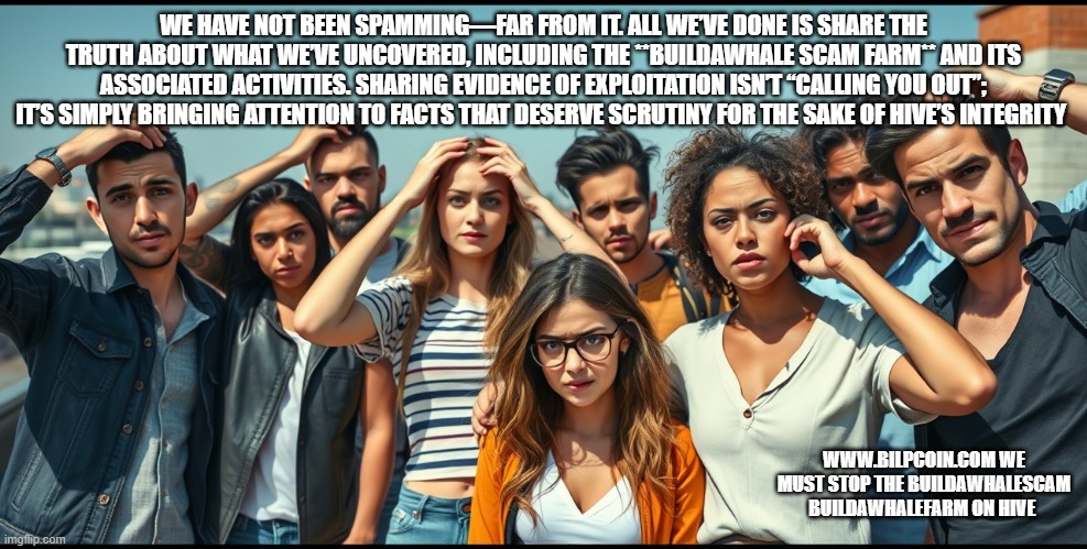 WE HAVE NOT BEEN SPAMMING—FAR FROM IT. ALL WE’VE DONE IS SHARE THE TRUTH ABOUT WHAT WE’VE UNCOVERED, INCLUDING THE **BUILDAWHALE SCAM FARM** AND ITS ASSOCIATED ACTIVITIES. SHARING EVIDENCE OF EXPLOITATION ISN’T “CALLING YOU OUT”; IT’S SIMPLY BRINGING ATTENTION TO FACTS THAT DESERVE SCRUTINY FOR THE SAKE OF HIVE’S INTEGRITY; WWW.BILPCOIN.COM WE MUST STOP THE BUILDAWHALESCAM BUILDAWHALEFARM ON HIVE | made w/ Imgflip meme maker