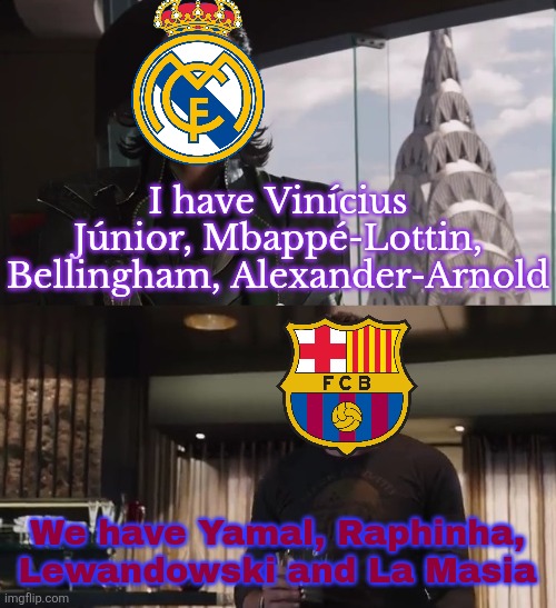 Real Madrid vs Barcelona next season be like | I have Vinícius Júnior, Mbappé-Lottin, Bellingham, Alexander-Arnold; We have Yamal, Raphinha, Lewandowski and La Masia | image tagged in i have an army,barcelona,real madrid,sports,la liga,spain | made w/ Imgflip meme maker