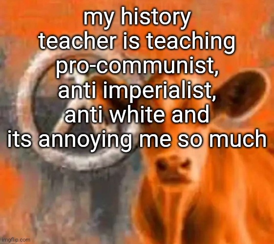 its just biased propaganda the whole time the whole year | my history teacher is teaching pro-communist, anti imperialist, anti white and its annoying me so much | image tagged in calf-life 1 | made w/ Imgflip meme maker