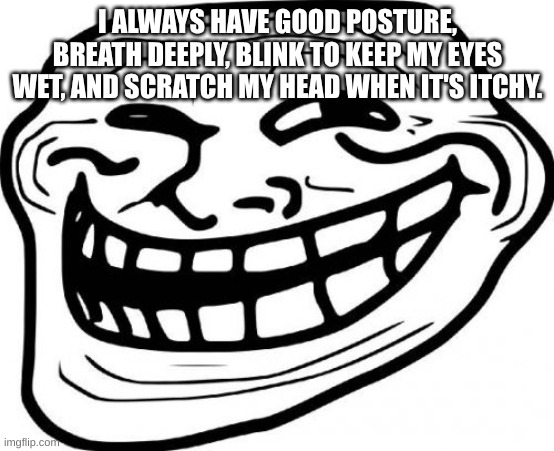 hehehe | I ALWAYS HAVE GOOD POSTURE, BREATH DEEPLY, BLINK TO KEEP MY EYES WET, AND SCRATCH MY HEAD WHEN IT'S ITCHY. | image tagged in memes,troll face | made w/ Imgflip meme maker