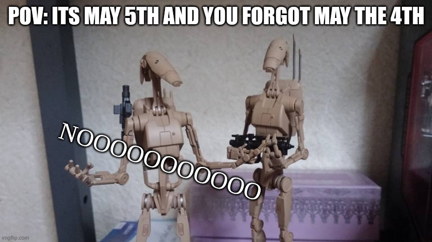 Relatable | POV: ITS MAY 5TH AND YOU FORGOT MAY THE 4TH; NOOOOOOOOOOO | image tagged in droids,memes,star wars,funny | made w/ Imgflip meme maker