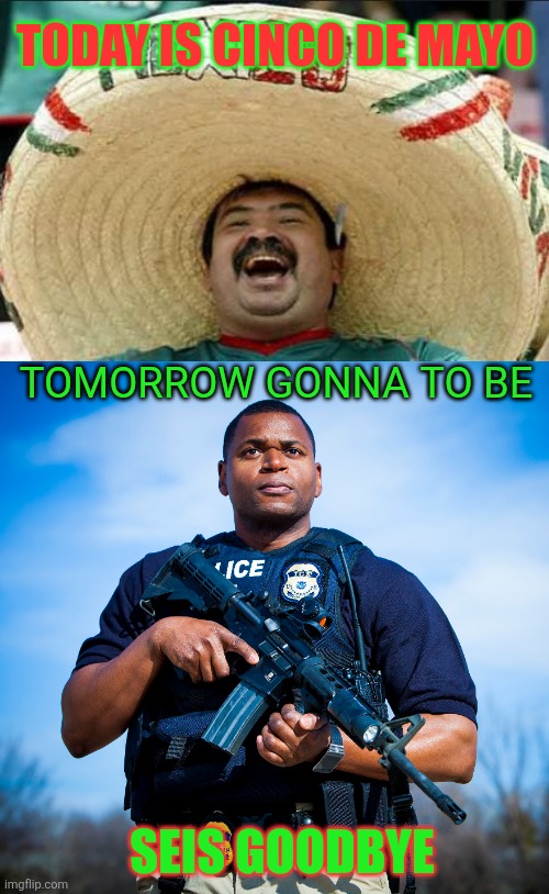 MEMEing means never saying, I'm sorry! | TODAY IS CINCO DE MAYO; TOMORROW GONNA TO BE; SEIS GOODBYE | image tagged in mexican word of the day,ice,illegal immigration | made w/ Imgflip meme maker