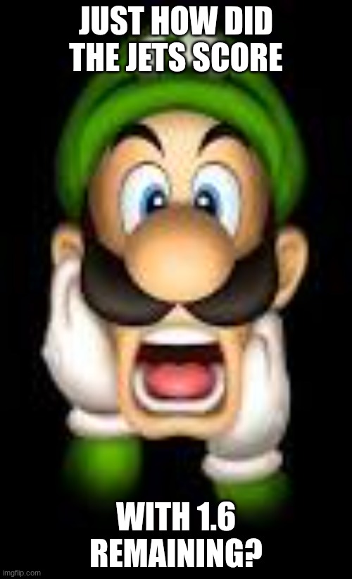 You're Lucky, Winnipeg | JUST HOW DID THE JETS SCORE; WITH 1.6 REMAINING? | image tagged in frighten/scared luigi,nhl | made w/ Imgflip meme maker