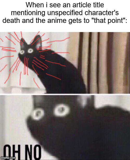 My Observation Haki is tingling | When i see an article title mentioning unspecified character's death and the anime gets to "that point": | image tagged in oh no cat,memes,anime meme,one piece | made w/ Imgflip meme maker