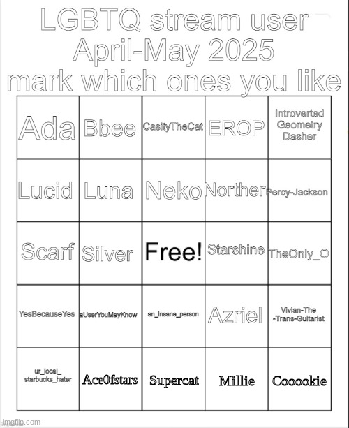 (Finished Ver) LGBTQ stream user 4/5 2025 Bingo Blank Meme Template