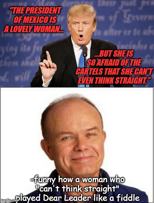 Poor Donny Two-Dolls... can't win for punching himself in the face... | "THE PRESIDENT OF MEXICO IS A LOVELY WOMAN... ...BUT SHE IS SO AFRAID OF THE CARTELS THAT SHE CAN'T EVEN THINK STRAIGHT."; -funny how a woman who "can't think straight" played Dear Leader like a fiddle | image tagged in donald trump wrong,red foreman,lol so funny,donald trump is an idiot | made w/ Imgflip meme maker