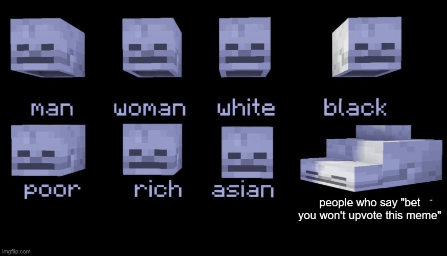 they've turned to reverse psychology now ? | people who say "bet you won't upvote this meme" | image tagged in empty skulls of truth minecraft,anti-upvote begging | made w/ Imgflip meme maker