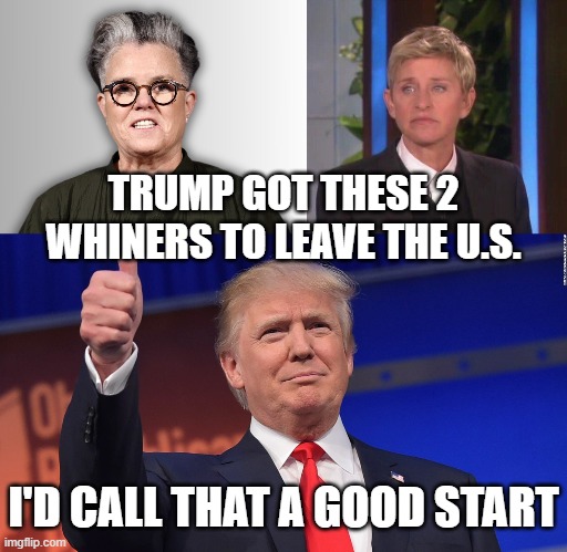 TRUMP GOT THESE 2 WHINERS TO LEAVE THE U.S. I'D CALL THAT A GOOD START | image tagged in rosie o'donnell,disappointed ellen,trump thumbs up | made w/ Imgflip meme maker