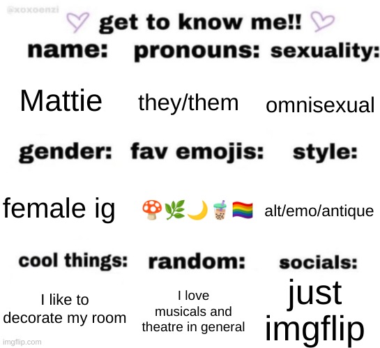 get to know me but better | Mattie; they/them; omnisexual; 🍄🌿🌙🧋🏳️‍🌈; alt/emo/antique; female ig; just imgflip; I love musicals and theatre in general; I like to decorate my room | image tagged in get to know me but better | made w/ Imgflip meme maker