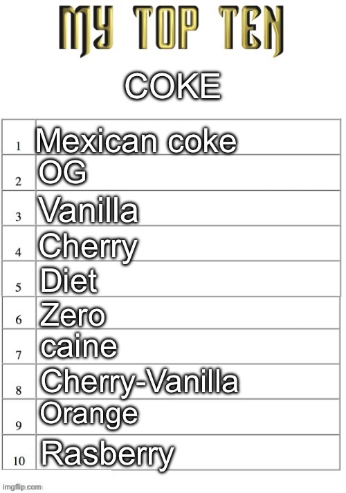 Top ten list better | COKE; Mexican coke; OG; Vanilla; Cherry; Diet; Zero; caine; Cherry-Vanilla; Orange; Rasberry | image tagged in top ten list better | made w/ Imgflip meme maker