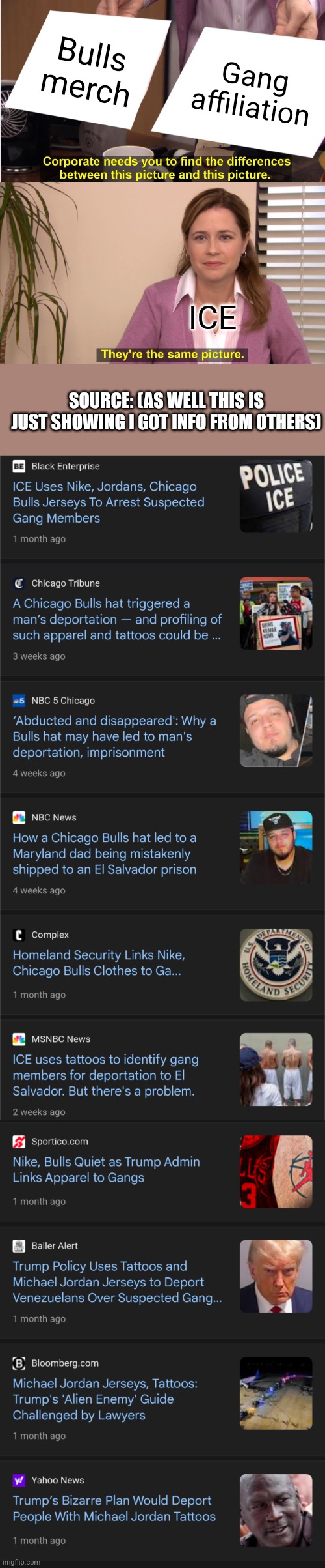 This is just happening, and we are living though it | Bulls merch; Gang affiliation; ICE; SOURCE: (AS WELL THIS IS JUST SHOWING I GOT INFO FROM OTHERS) | image tagged in memes,they're the same picture | made w/ Imgflip meme maker