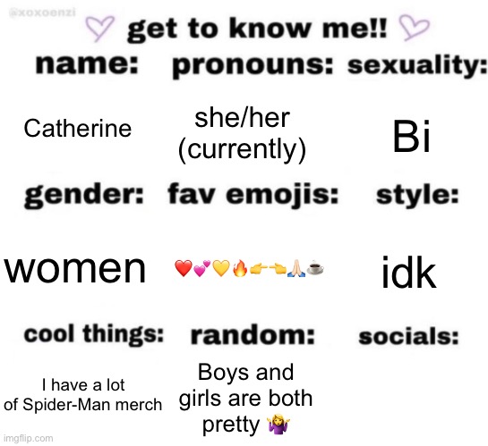 get to know me but better | Catherine; she/her (currently); Bi; ❤️💕💛🔥👉👈🙏🏻☕️; idk; women; Boys and girls are both pretty 🤷‍♀️; I have a lot of Spider-Man merch | image tagged in get to know me but better | made w/ Imgflip meme maker