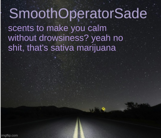 SmoothSade | scents to make you calm without drowsiness? yeah no shit, that's sativa marijuana | image tagged in smoothsade | made w/ Imgflip meme maker