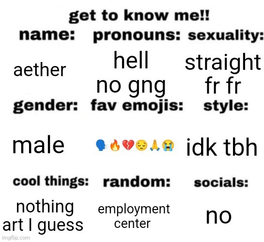 get to know me but better | aether; hell no gng; straight fr fr; 🗣️🔥💔😔🙏😭; idk tbh; male; no; employment center; nothing
art I guess | image tagged in get to know me but better | made w/ Imgflip meme maker