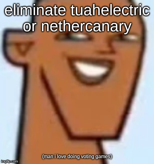 justin | eliminate tuahelectric or nethercanary; (man i love doing voting games) | image tagged in justin | made w/ Imgflip meme maker