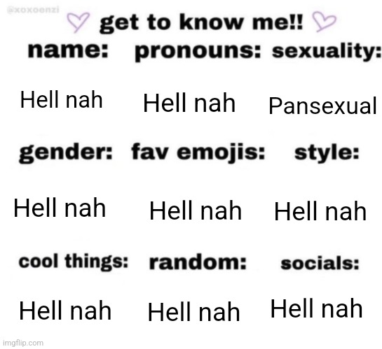 get to know me but better | Hell nah; Hell nah; Pansexual; Hell nah; Hell nah; Hell nah; Hell nah; Hell nah; Hell nah | image tagged in get to know me but better | made w/ Imgflip meme maker