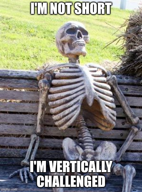 Waiting Skeleton Meme | I'M NOT SHORT; I'M VERTICALLY CHALLENGED | image tagged in memes,waiting skeleton | made w/ Imgflip meme maker