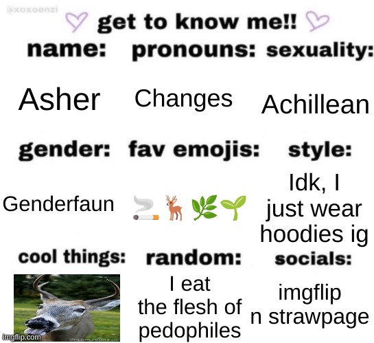 Yuh | Changes; Asher; Achillean; Idk, I just wear hoodies ig; 🚬🦌🌿🌱; Genderfaun; imgflip n strawpage; I eat the flesh of pedophiles | image tagged in get to know me but better | made w/ Imgflip meme maker