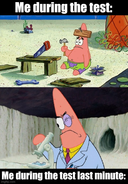Average procrastinator be like: | Me during the test:; Me during the test last minute: | image tagged in patrick dumb vs patrick smart,school memes,exams,fresh memes,tests,ha ha tags go brr | made w/ Imgflip meme maker