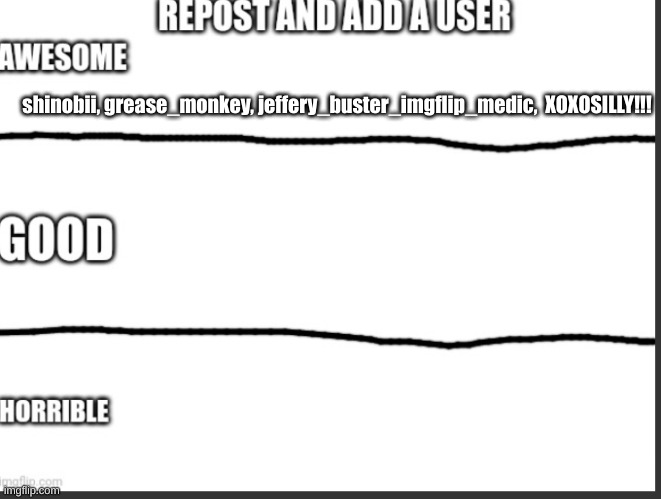 add user in comments, I'll rank them | shinobii, grease_monkey, jeffery_buster_imgflip_medic,  XOXOSILLY!!! | image tagged in rate other users | made w/ Imgflip meme maker