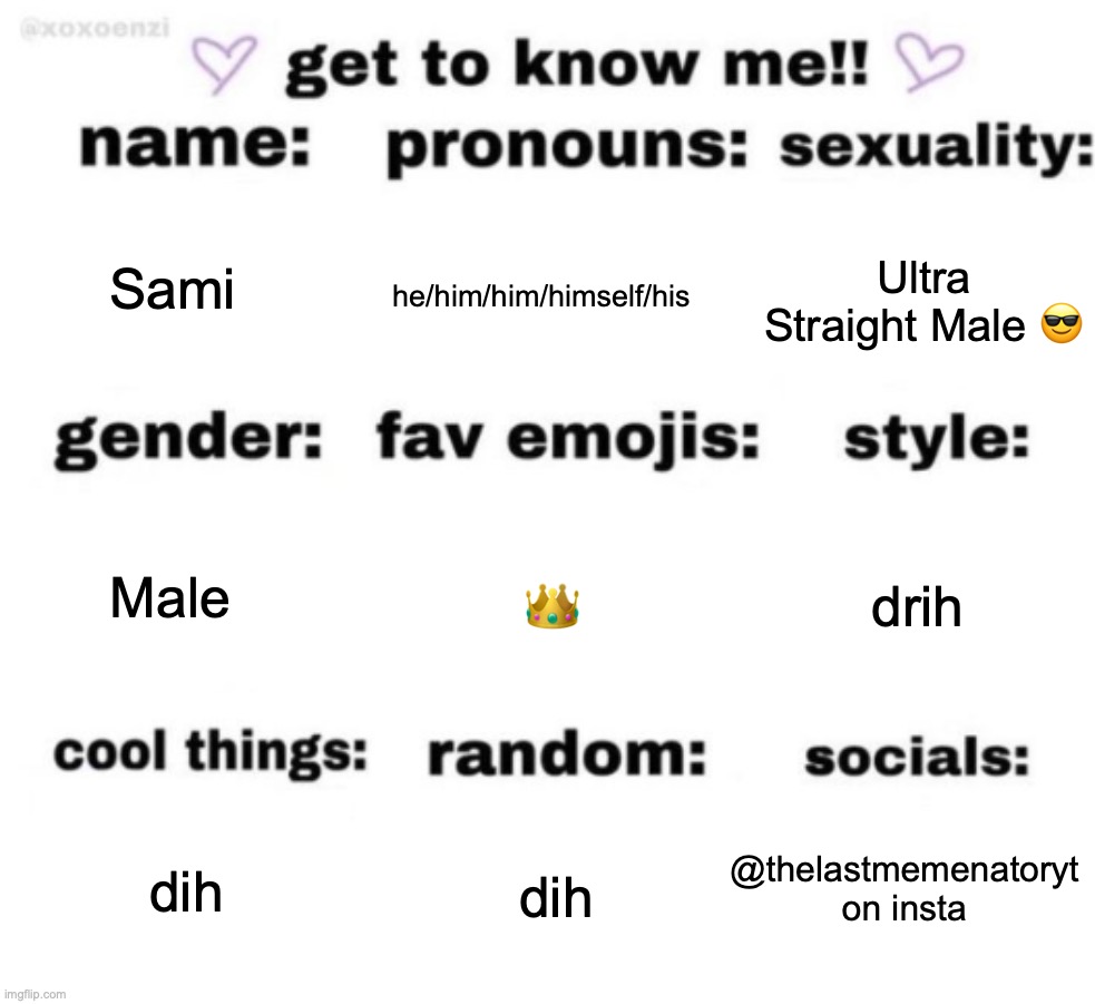 get to know me but better | Sami; he/him/him/himself/his; Ultra Straight Male 😎; 👑; drih; Male; @thelastmemenatoryt
on insta; dih; dih | image tagged in get to know me but better | made w/ Imgflip meme maker