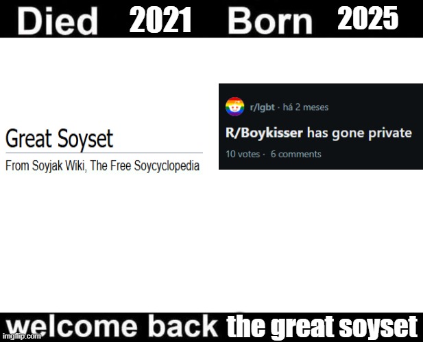 History repeats itself | 2021; 2025; the great soyset | image tagged in born died welcome back | made w/ Imgflip meme maker