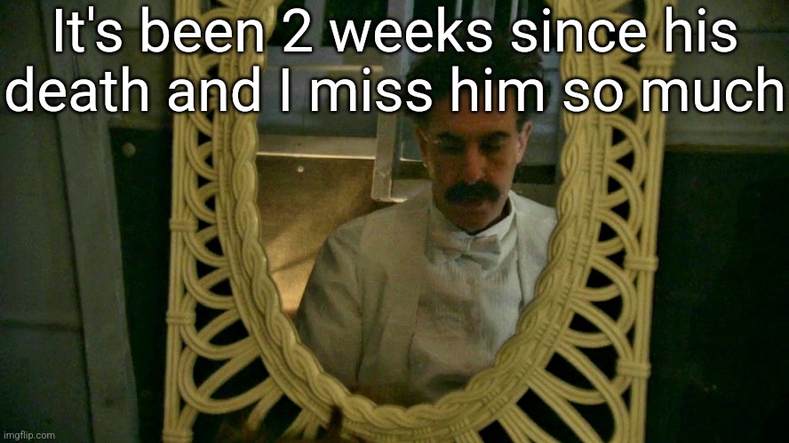 Borat sad in mirror | It's been 2 weeks since his
death and I miss him so much | image tagged in borat sad in mirror | made w/ Imgflip meme maker