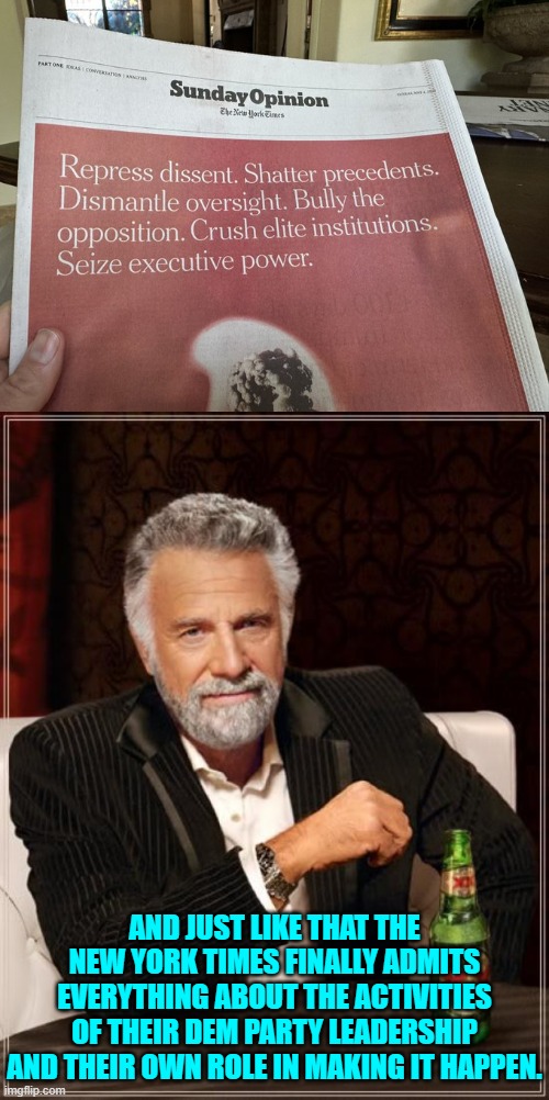 That wasn't their intention, but every thinking person knows. | AND JUST LIKE THAT THE NEW YORK TIMES FINALLY ADMITS EVERYTHING ABOUT THE ACTIVITIES OF THEIR DEM PARTY LEADERSHIP AND THEIR OWN ROLE IN MAKING IT HAPPEN. | image tagged in the most interesting man in the world | made w/ Imgflip meme maker