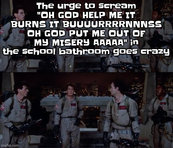 bro. | The urge to scream "OH GOD HELP ME IT BURNS IT BUUUURRRRNNNSS OH GOD PUT ME OUT OF MY MISERY AAAAA" in the school bathroom goes crazy | image tagged in bro | made w/ Imgflip meme maker