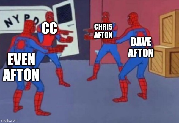which one is real name? | CC; CHRIS AFTON; DAVE AFTON; EVEN AFTON | image tagged in 4 spiderman,afton,crying child,fnaf | made w/ Imgflip meme maker