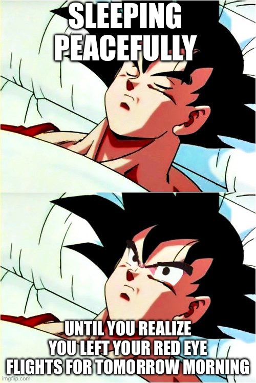 goku sleeping wake up | SLEEPING PEACEFULLY; UNTIL YOU REALIZE YOU LEFT YOUR RED EYE FLIGHTS FOR TOMORROW MORNING | image tagged in goku sleeping wake up | made w/ Imgflip meme maker