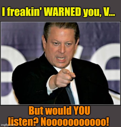 Ticked al gore | I freakin' WARNED you, V... But would YOU listen? Nooooooooooo! | image tagged in ticked al gore | made w/ Imgflip meme maker